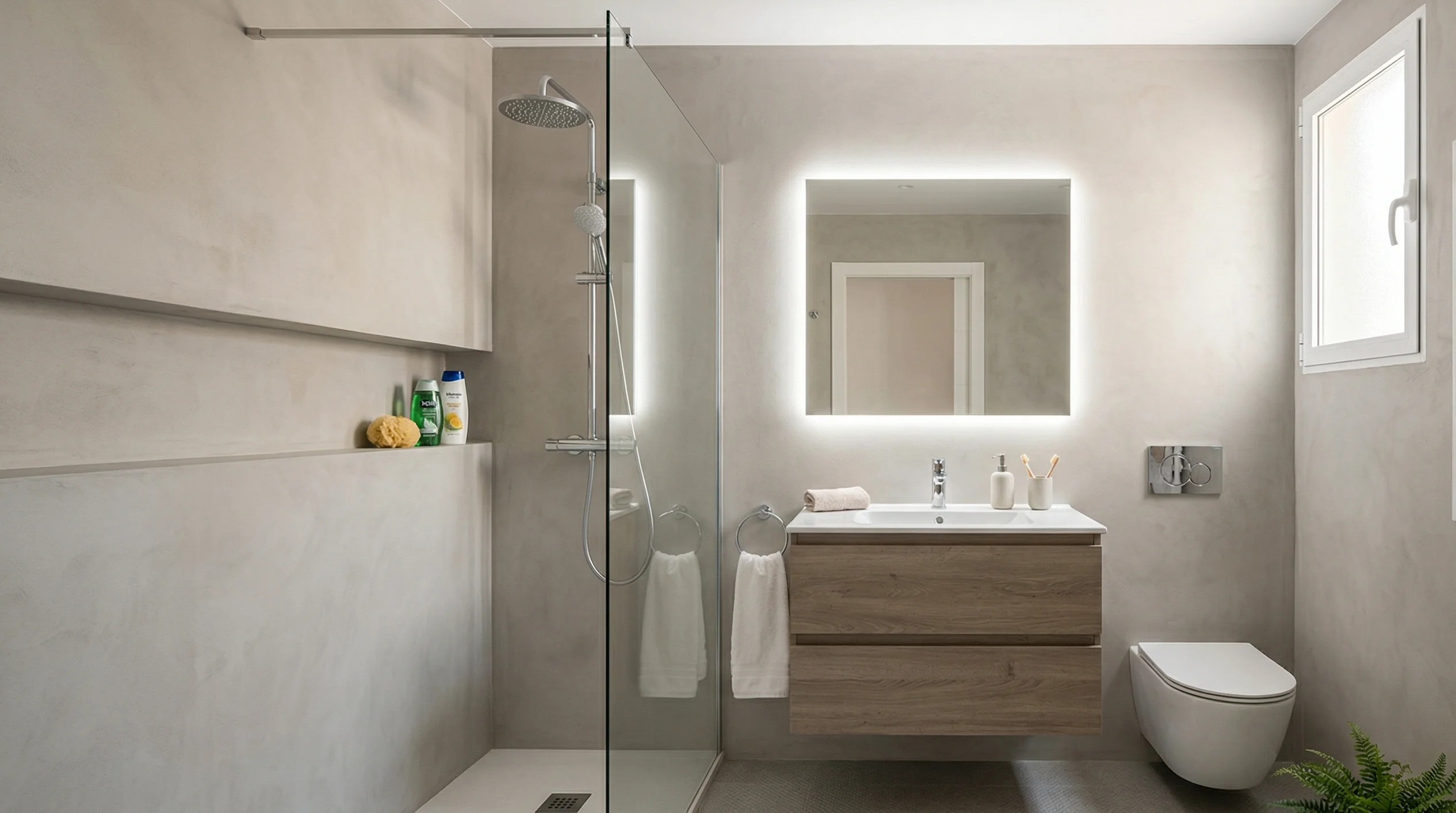 Baño completo reformado en Zaragoza con microcemento