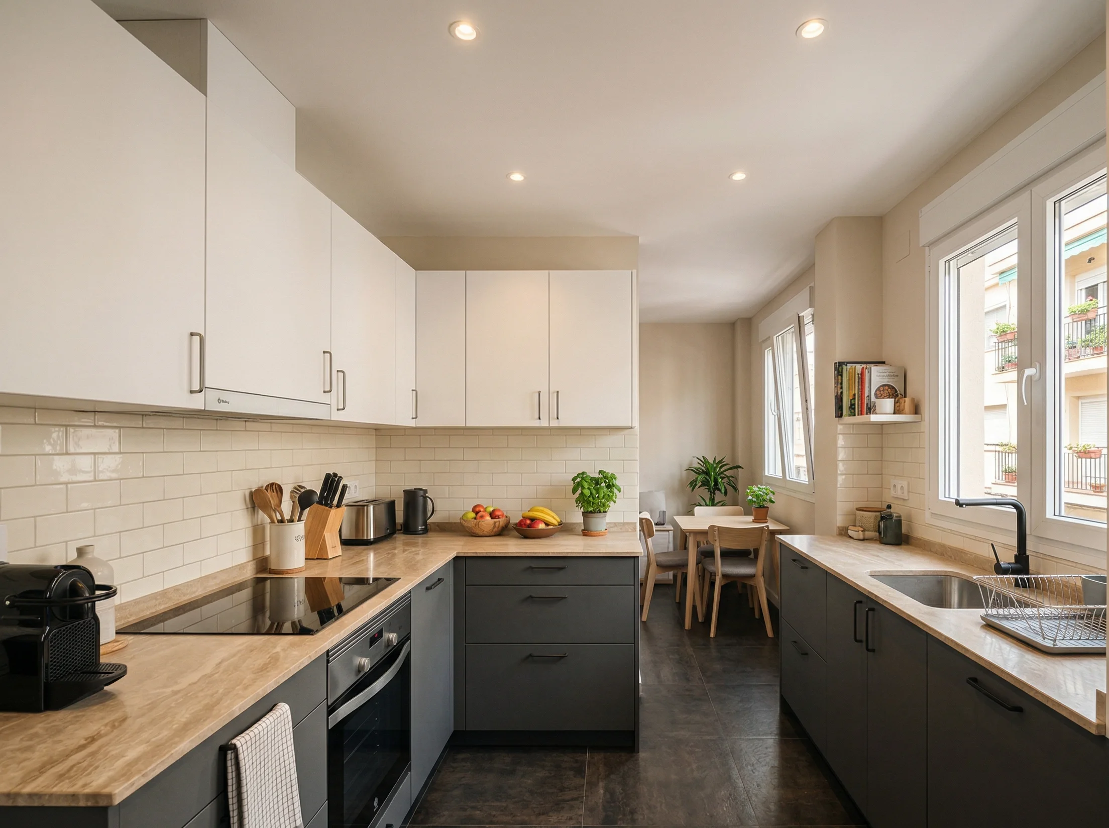 Cocina reformada en Zaragoza muebles gris y blanco