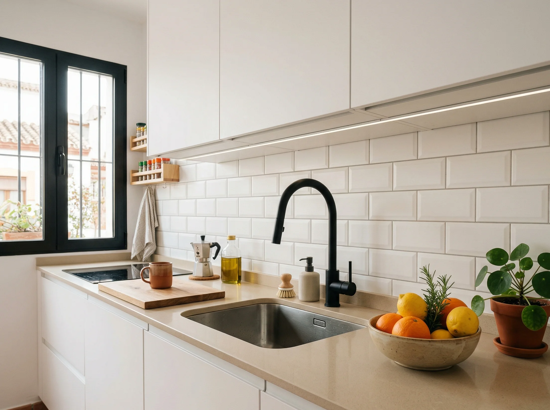 Detalle cocina reformada en Zaragoza con grifo negro